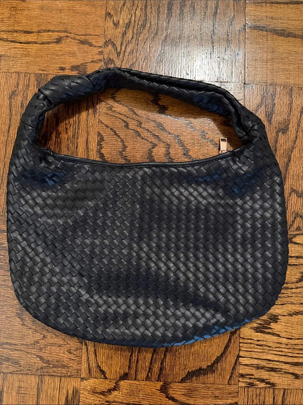 Melie Biiano Black Woven Hobo Shoulder Bag with Gold Hardware